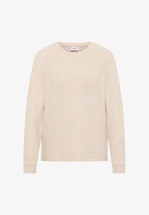 Lichtbeige lange mouw top van zacht stof met een ontspannen pasvorm. Heeft een ronde halslijn en ribbelmanchetten. Lichtjes gestructureerd oppervlak.