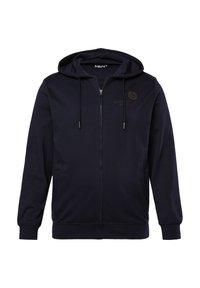 Navy zip-up hoodie with a drawstring hood, front pockets, and textured fabric. Features a logo on the chest and ribbed cuffs.