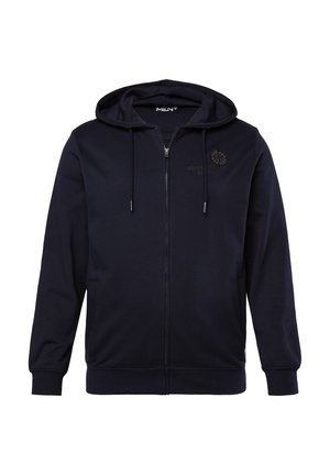 Marinefarbener Zip-Hoodie mit Kordelzugkapuze, Fronttaschen und strukturiertem Stoff. Mit einem Logo auf der Brust und gerippten Bündchen.
