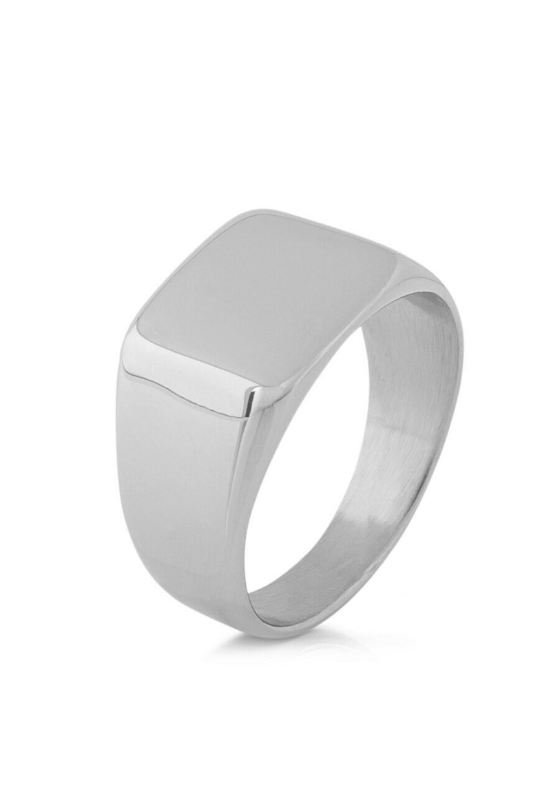 Square-shaped men's ring made of polished silver. Features a flat top and a smooth, rounded band, with a brushed texture on the inner side.