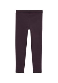 Leggings viola scuro realizzati in un tessuto misto cotone elasticizzato. Presentano una vita alta e una superficie liscia e uniforme senza fantasie o dettagli.