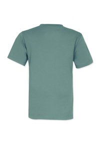 Lyhythihainen t-paita muted vihreänä. Pehmeää kangasta, jossa pyöreä pääntie ja suora helma. Minimalistinen muotoilu, ei kuvioita tai yksityiskohtia.