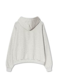 Sweat à capuche gris clair vu de dos avec manches longues, capuche, poignets élastiques et taille élastique légèrement froncée.