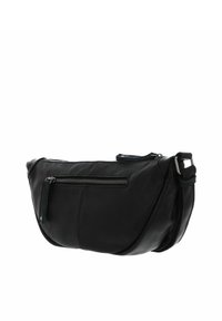 Borsa a tracolla nera in pelle con una trama liscia, una tasca con zip sul davanti e una tracolla regolabile per maggiore comodità.