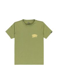 Olive green t-shirt made of soft cotton, featuring a round neckline, short sleeves, and a yellow Quiksilver logo on the left chest.