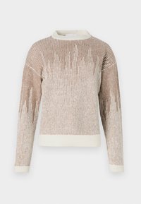 Langærmet brun og creme strikket sweater med lodrette striber og et bølge-agtigt mønster, med rund halsudskæring og ribbede manchetter og kant.