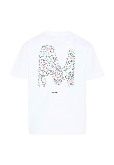 T-shirt blanc avec une grande lettre stylisée "M" au dos, composée de petits textes colorés "MSGM" répétés en noir, bleu, vert et orange.
