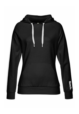 Schwarzer Kapuzenpullover mit einer vorderen Tasche, weißen Kordeln und Logodetail am Ärmel. Besteht aus einem weichen, glatten Stoff und Raglanärmeln.