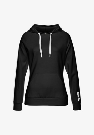 Schwarzer Kapuzenpullover mit einer vorderen Tasche, weißen Kordeln und Logodetail am Ärmel. Besteht aus einem weichen, glatten Stoff und Raglanärmeln.