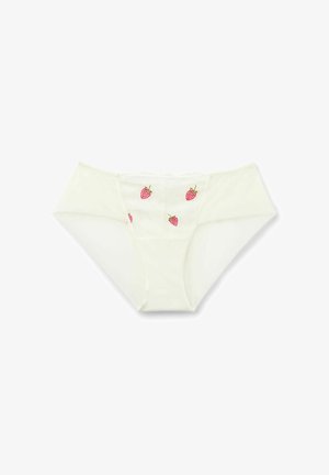 Hvidt dameundertøj med små lyserøde jordbærbroderier på den blonderede frontpanel.