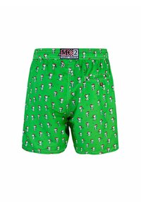 Pantaloni da bagno verdi con un motivo ripetuto di Snoopy, cintura elastica e una tasca posteriore con chiusura a bottone.