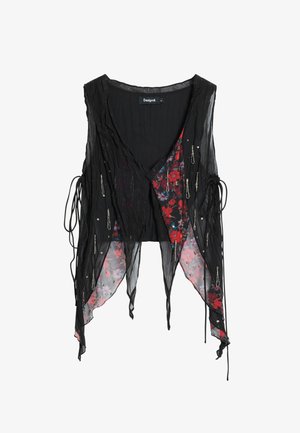 Juoda, permatoma liemenė su gėlių vidaus pamušalu. Pasižymi laisvu dizainu, dekoratyvinėmis grandinėmis ir reguliuojamomis raištelėmis šonuose. Lengvas, tekstūruotas audinys.