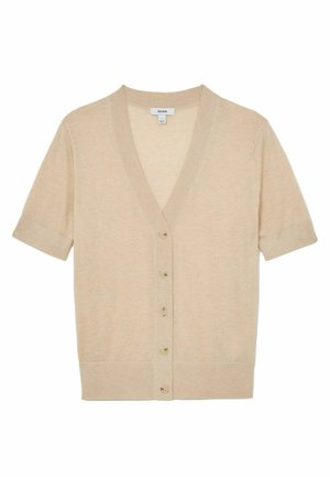 Béžový krátky kardigán s krátkym rukávom, výstrihom do V, piatimi gombíkmi vpredu, rebrovaným lemom a manžetami, vyrobený z mäkkej pleteniny.