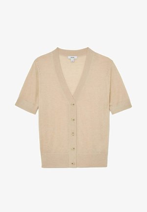 Bézs rövid ujjú kardigán V-nyakú, öt gombbal az elején, bordázott szegéllyel és mandzsettával, puha kötött anyagból készült.