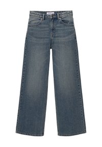 Laajat raakaneulos farkut sinisessä. Valmistettu puuvillasta, mukana nappisuljenta, viisi taskua ja hienovarainen haalistuminen tekstuurin luomiseksi.