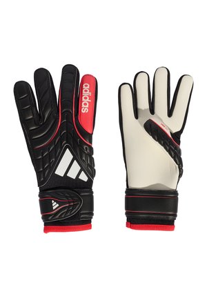 Coppia di guanti da portiere Adidas nero e bianco con dettagli rossi, palmiere imbottite e cinturini regolabili al polso.