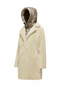 Faux fur cream coat with a large, shiny, detachable beige puffer hood. Features a notched collar and open front. Soft, textured surface.