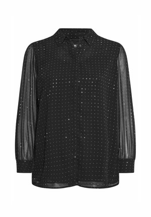 Zwarte shirt met een knoopsluiting aan de voorkant, lange doorzichtig mouwen en een stippenpatroon van zilveren accenten door de stof.