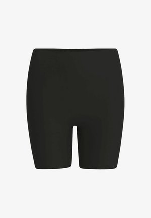 Czarne, sportowe spodenki do kolan, dopasowane, na białym tle, widok z przodu, bez widocznych znaków towarowych ani wzorów.