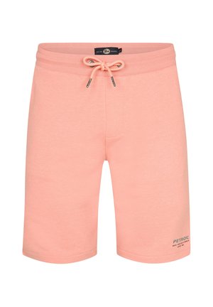 Licht koraalroze casual shorts met trekkoord in de taille en kleine merktekst op het onderste linkerbeen.
