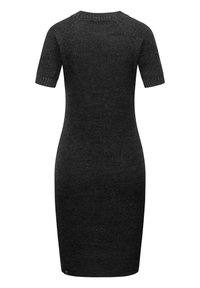Schwarzes, kurzärmliges Kleid mit taillierter Silhouette, strukturiertem Strickmaterial und gerippten Bündchen. Mit rundem Halsausschnitt und knielangem Saum.