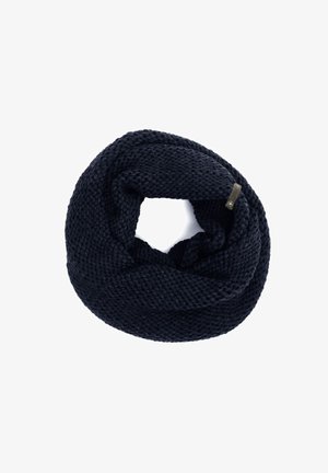 Knitted infinity scarf in dark navy, featuring a textured pattern and a small leather accent tag. Soft, stretchy material for warmth.