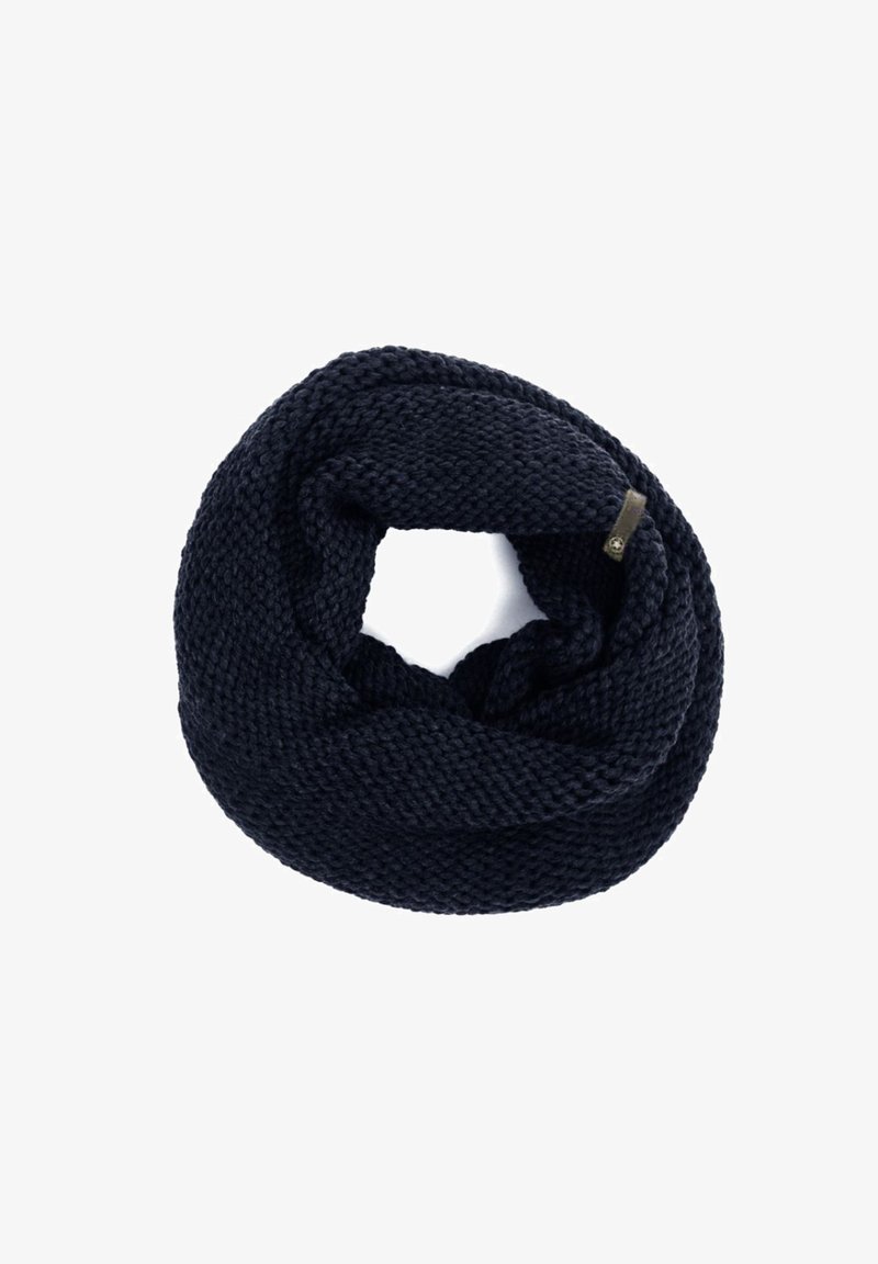 Strickschal in dunklem Marineblau, mit einem strukturierten Muster und einem kleinen Lederetikett. Weiches, dehnbares Material für Wärme.