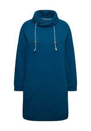 Teal sweatshirt jurk met een hoge kraag, lange mouwen, en decoratieve trekkoorden met franje. Heeft zijzakken en een relaxte pasvorm.