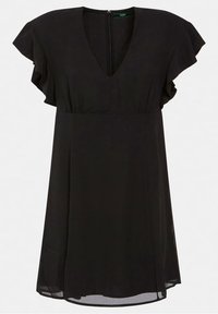 Robe noire avec un col en V, des manches volantes et une taille cintrée. Fabriquée en tissu léger avec une silhouette fluide et une fermeture éclair au dos.