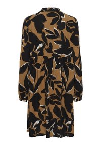 Langärmliges Kleid mit braunem Grundton und schwarz-weißen Blättern, aus weichem Stoff mit lockerer Silhouette und gerafftem Bund.