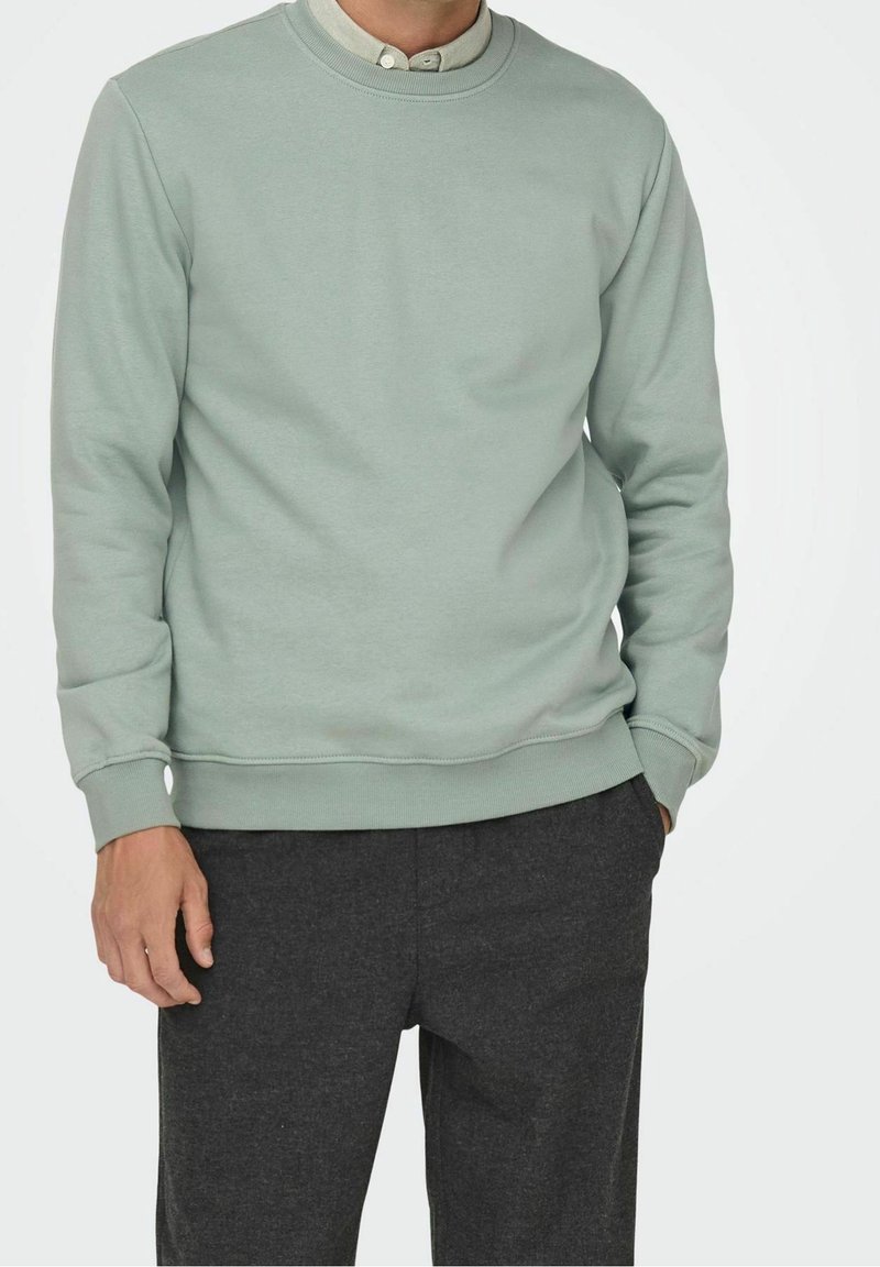 Felpa verde chiaro con scollo rotondo e polsini a costine, indossata sopra una camicia con colletto. Abbinata a pantaloni grigio scuro. Tessuto morbido.
