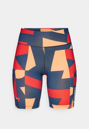 Kleurige, gestreepte shorts met abstracte vormen in marineblauw, rood en perziktonen. Gemaakt van rekbare stof met een gladde textuur.