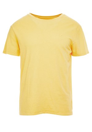 Prosty, żółty, krótki bawełniany T-shirt z okrągłym dekoltem i małym haftowanym logo na lewej piersi.