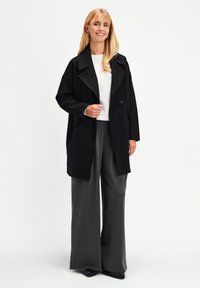 Black oversized coat with a wide collar and two buttons, worn over a white ribbed top and gray wide-leg pants, featuring a relaxed fit.