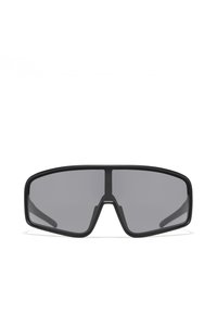 Mustat aurinkolasit, joissa on paksu kehys ja suuret harmaat linssit, geometrinen muoto ja vähäiset koriste-elementit.