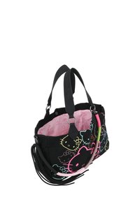 Zwarte stoffen draagtas met kleurrijke Hello Kitty ontwerpen. Voorzien van lange hengsels, roze binnenvoering en franjes. Ruim en goed gestructureerd.