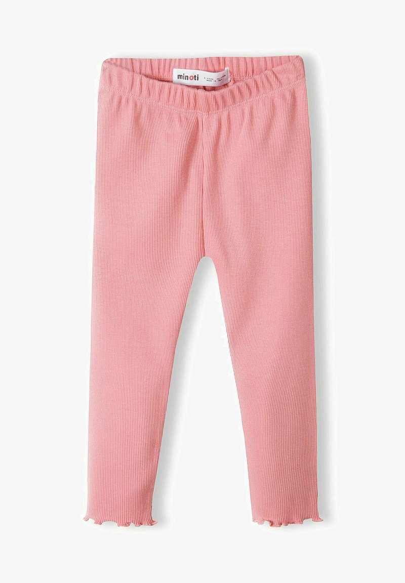 Rosa geribde leggings met een zachte textuur, voorzien van een rekbare tailleband en een golvende zoom. Ideaal voor comfort en bewegingsgemak.