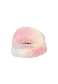 Flauschige Hausschuhe in pastellfarbenem Farbverlauf von Rosa, Gelb und Blau. Weiches, plüschiges Material mit runder Form. Keine sichtbaren Beschläge.