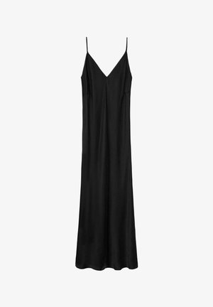 Czarna sukienka na ramiączkach ze smukłymi, regulowanymi paskami, dekoltem w kształcie litery V, luźnym krojem i gładką fakturą tkaniny. Bez wzorów i ozdób.