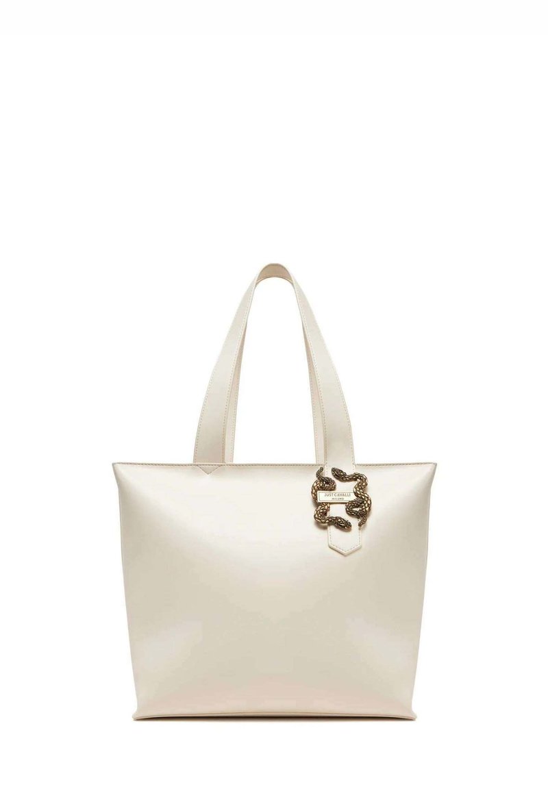Borsa tote color crema realizzata in materiale liscio, con un distintivo accento in metallo dorato a forma di serpente e due manici robusti.