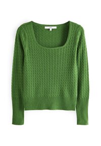 Maglione verde a maglia con scollo quadrato, orlo e polsini a costine, motivo a trecce testurizzato e maniche lunghe.