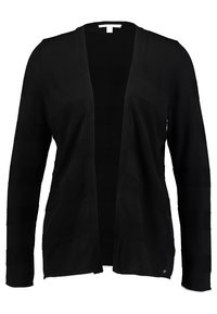 Czarny kardigan z otwartym przodem, długimi rękawami, teksturowanymi poziomymi paskami i luźnym krojem. Wykonany z miękkiego dzianiny.