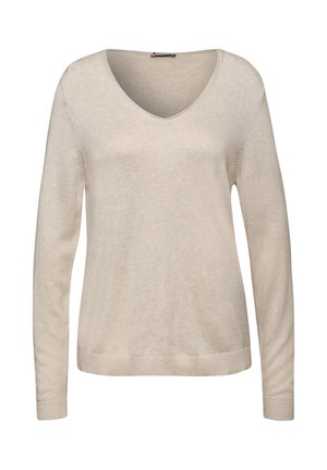 Béžový svetr s výstřihem do V a dlouhými rukávy, vyrobený z měkkého pleteného materiálu. Má žebrované manžety a lem, s jednoduchou, hladkou texturou.