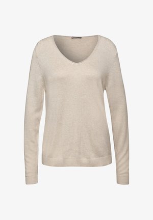Beige V-hals sweater med lange ærmer, lavet af blødt strikket materiale. Har ribstrikkede manchetter og kant, med en enkel, glat tekstur.