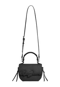 Bolsa transversal de couro preta com alça superior, alça longa ajustável e logotipo em cursiva embutido na aba frontal.
