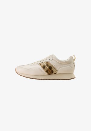 Beige leather sneaker featuring a leopard print stripe, round toe, lace-up design, padded collar, and textured rubber outsole.
