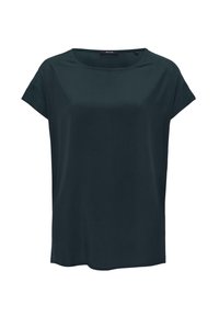 Tmavě zelená halenka s krátkými rukávy, kulatým výstřihem a volným střihem. Vyrobená z hladké látky s rovnou lemovkou. Bez viditelných vzorů či doplňků.