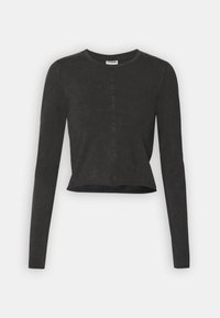 Black long-sleeve cropped top with a round neckline, featuring a subtle distressed texture and a straight hemline. No visible hardware.