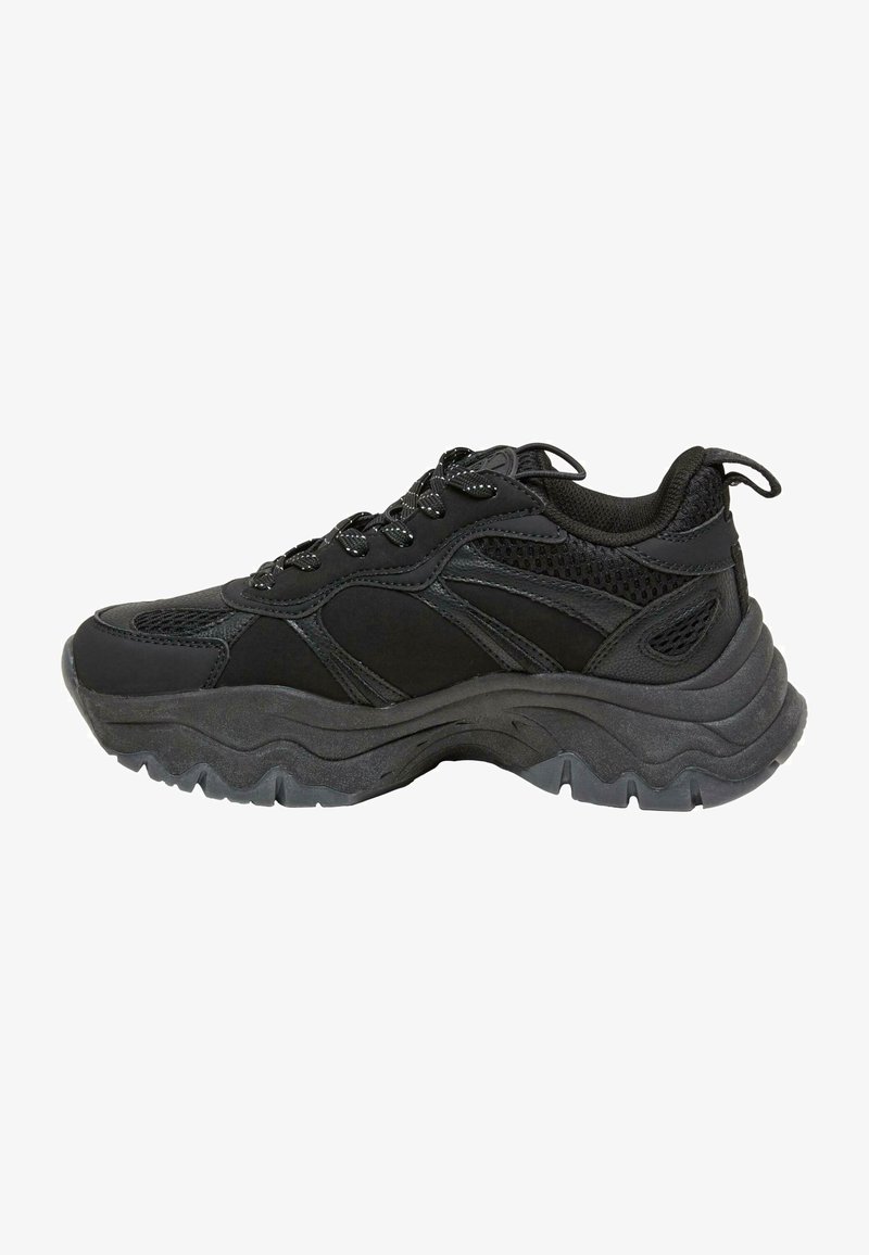 Baskets de sport noires avec semelle épaisse et robuste, tige en mesh et synthétique, fermeture à lacets et col rembourré avec languette à boucle au talon.