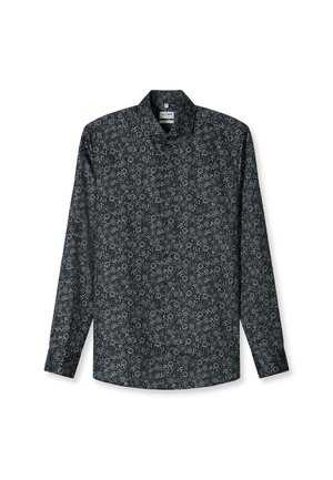 Langärmliges Hemd aus schwarzem Stoff mit einem sich wiederholenden weißen Blumenmuster und einem klassischen Kragen, mit Knopfverschlüssen auf der Vorderseite.